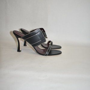 $400 STAUD DOUBLE STRAPS MULE HEEL SANDAL BLACK LEATHER SEXY 42 (MD10)